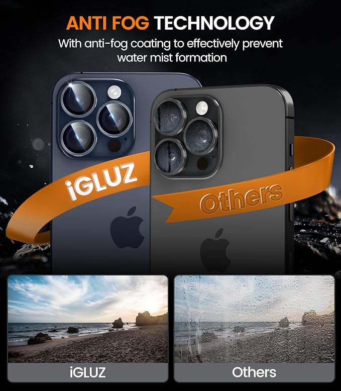 iGluz 2 Pack Anti-Reflection Camera Lens Protector for iPhone 15 Pro/iPhone 15 Pro Max [Anti-fog Coating][1-Step Installation Tray][Strong Adsorption] 9H Shatterproof Tempered Glass-Blue Titanium