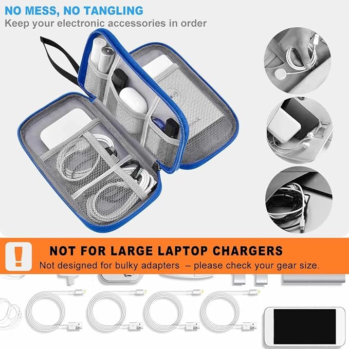 ZINMARK Portable Cable Organizer Case,Travel Pouch with Double-Layer Storage for Cables,Chargers,Earbuds & Phone,Black Blue– Small Size
