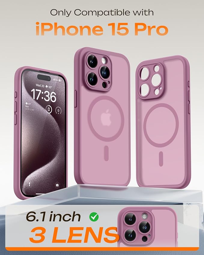 TOCOL for Phone 15 Pro Case, Compatible with Magsafe Charger, Full Camera Protection, Drop Protection, Translucent Matte Phone Case for iPhone 15 Pro 6.1 inch (Lilac Purple)