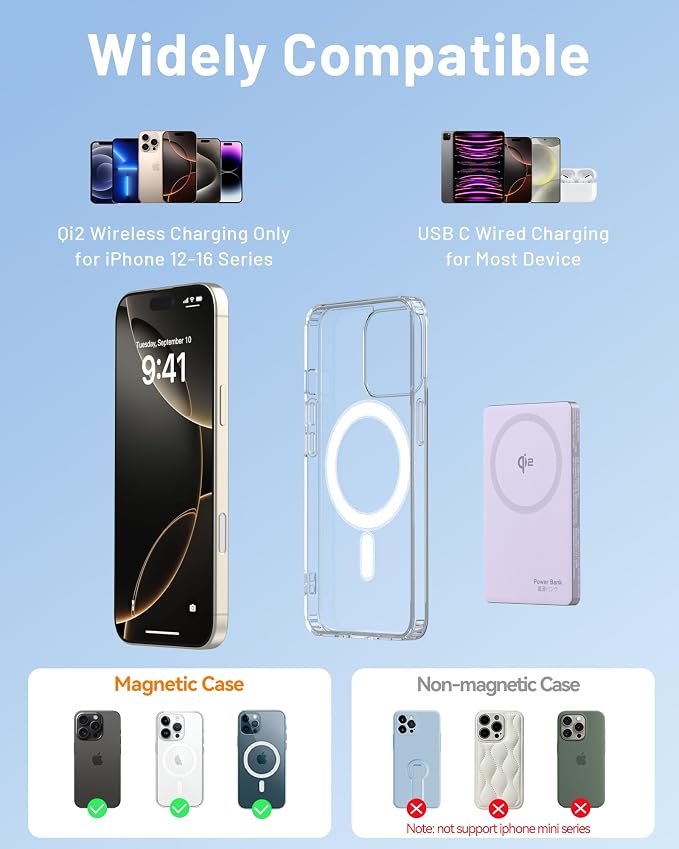 MagSafe Battery Pack 15W Fast Charging, Qi2 Certified Portable iPhone Charger, 0.39" Slim 5000mAh Magnetic Power Bank, PD20W USB C, Wireless Charger Only for iPhone 17/16/15/14/13/12 Series