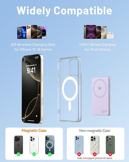 MagSafe Battery Pack 15W Fast Charging, Qi2 Certified Portable iPhone Charger, 0.39" Slim 5000mAh Magnetic Power Bank, PD20W USB C, Wireless Charger Only for iPhone 17/16/15/14/13/12 Series