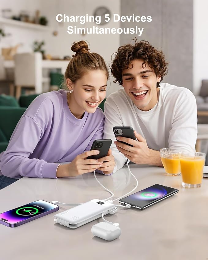 Portable Charger 10000mAh 22.5W PD 3.0+QC 4.0 Super Fast Charging Power Bank with Built-in Cables & AC Wall Plug, Slim External USB C Battery Pack for iPhone 17/16/15/14/13, Android, Samsung, iPad,etc