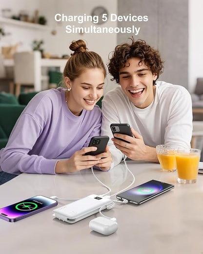 Portable Charger 10000mAh 22.5W PD 3.0+QC 4.0 Super Fast Charging Power Bank with Built-in Cables & AC Wall Plug, Slim External USB C Battery Pack for iPhone 17/16/15/14/13, Android, Samsung, iPad,etc