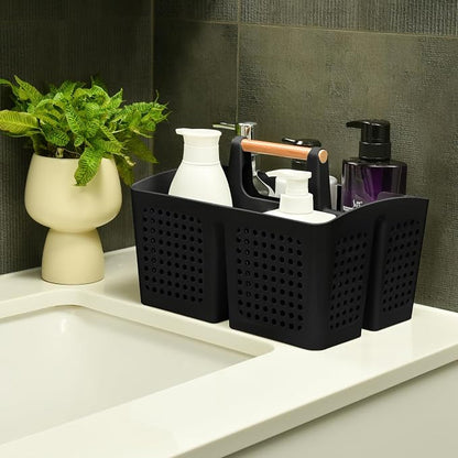 Portable Shower Caddy Basket with Compartments, Plastic Divided Cleaning Caddy Organizer Storage Tote with Handle for Bathroom, College, Dorm Room Essentials, Black