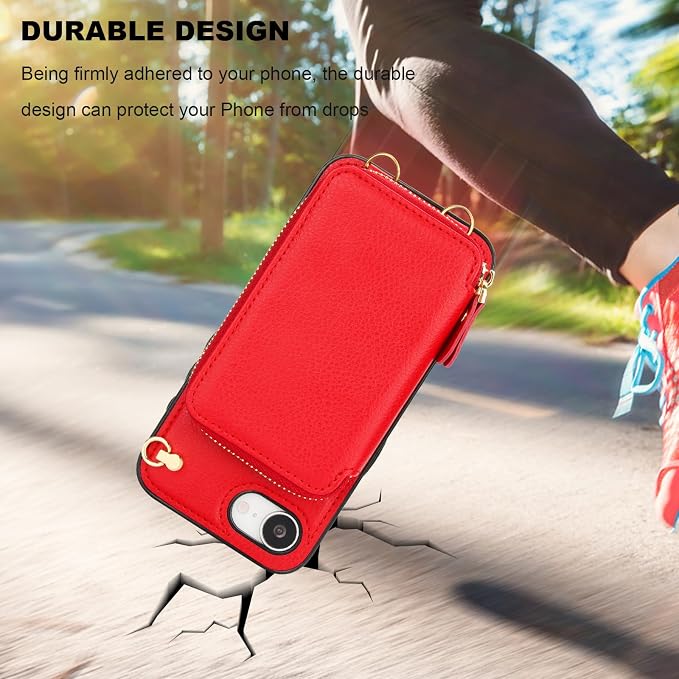 Bocasal Crossbody Wallet Case for iPhone 17e/16e, RFID Blocking Leather Purse Case with Card Holder, Protective Handbag Flip Cover with Zipper Wrist Strap Lanyard for Women 5G 6.1 Inch (Red)