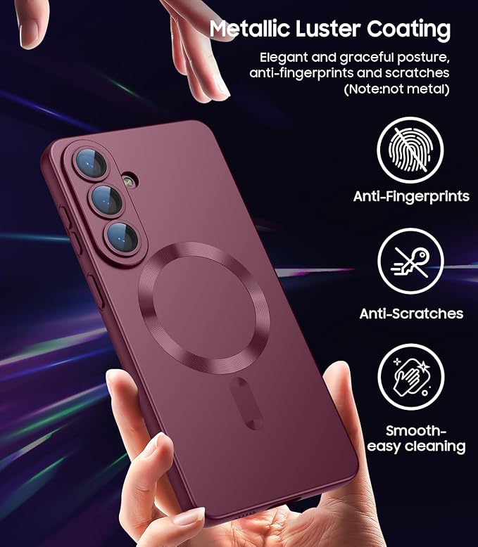 Magnetic for Samsung Galaxy S26 Plus Case [Compatible with MagSafe][Built-in Camera Lens Protector] Slim Soft Silicone Bumper Shockproof Metallic Luster Phone Case, Burgundy