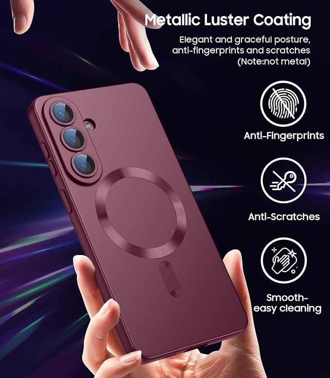 Magnetic for Samsung Galaxy S26 Case [Compatible with MagSafe][Built-in Camera Lens Protector] Slim Soft Silicone Bumper Shockproof Metallic Luster Phone Case, Burgundy