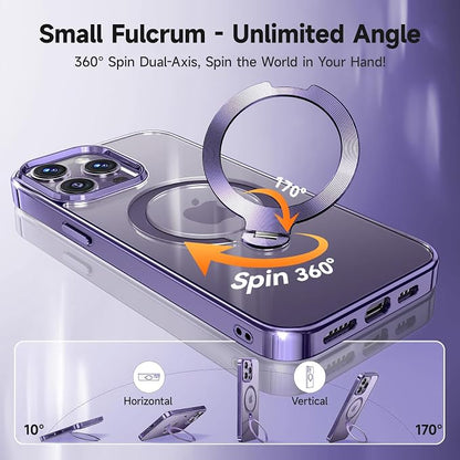 [Tri-Shield Protection] for iPhone 14 Pro Max Case with 360° Spin Stand Compatible with MagSafe [Magnetic CD Ring][Screen & Camera Lens Protector]Shockproof Plating Never-Yellowing, Purple-6.7"