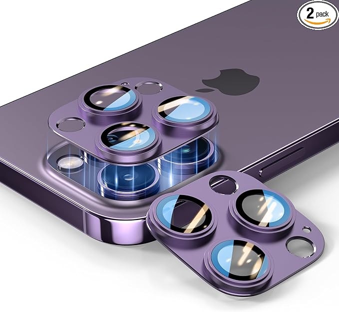 for iPhone 14/15/16 Pro & Pro Max Camera Lens Protector [2 Pack], Step Tempered Glass with Metal Alloy Frame, for iPhone 14 pro max Camera Lens Protector, Ultra Clear Photography, Purple