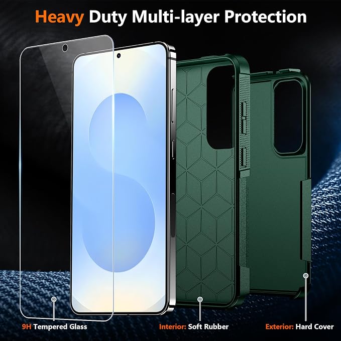SPIDERCASE Designed for Samsung Galaxy S25 Plus Case, [10 FT Military Grade Drop Protection],2 Pack [Tempered Glass Screen Protector+Camera Lens Protector] Heavy Duty Shockproof Case,Deep Green