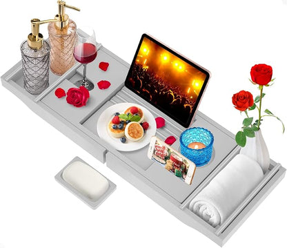 Bamboo Bathtub Caddy Tray (Non-Foldable, Gray)