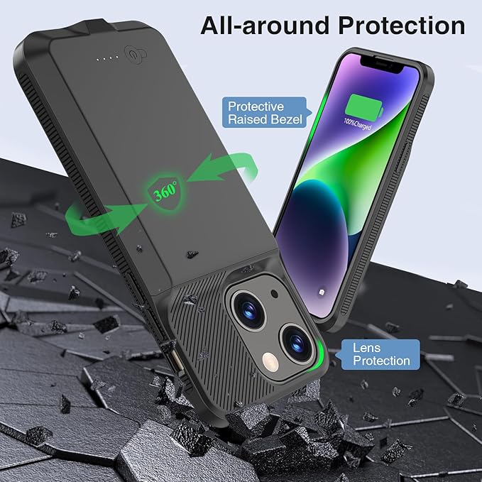 GIN FOXI Battery Case for iPhone 13/13 Pro/14/14 Pro, Charging Case Real 7000mAh Rechargeable Charger Cover Anti-Fall Protection Ultra-Slim Extended Battery Pack Juice Box, 6.1" Black