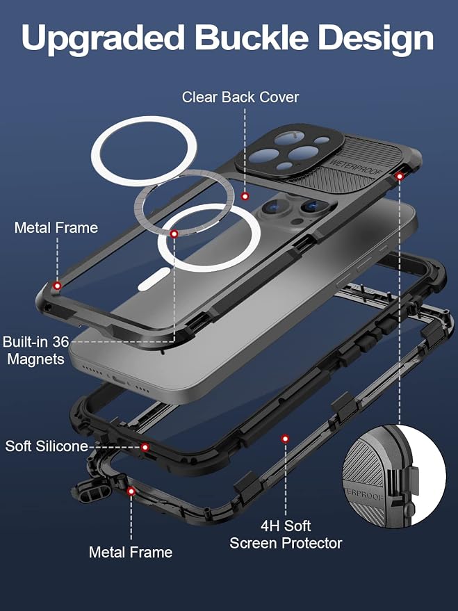 WIFORT for iPhone 14 Pro Waterproof Case - Metal Heavy Duty Full Body Protective Cover Built-in Screen Protector, IP68 Water Proof Military Grade Shockproof Rugged Drop Defender Phone case 6.1" Black