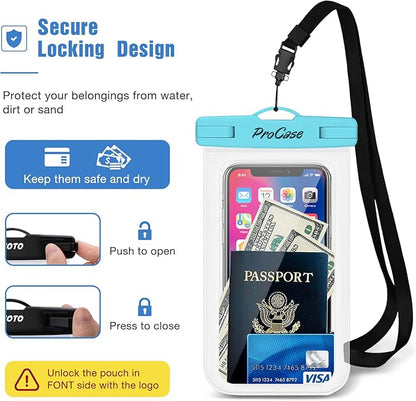 ProCase Waterproof Phone Pouch for iPhone 17 Air 16 15 14 13 12 11 Pro Plus Max Mini Xs XR X 8 7 Galaxy S23 S22 S21 Ultra Note Black Underwater Case, up to 7" -Blue/Green/Pink/Yellow