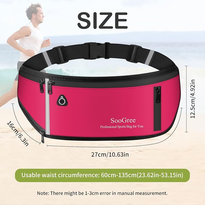 SooGree Slim Running Belt Fanny Pack, Resistant Waist Pack Money Belt Bag for Hiking Cycling Workout, Gym Phone Holder with Adjustable Strap (Rose)