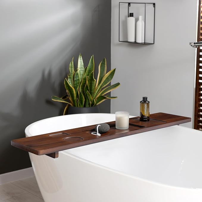 Luxury Teak Bathtub Tray for Freestanding Bath - 39" Large, Thick & Adjustable Spa Caddy | Anti-Tip Design with Accessories Holder | Water-Resistant