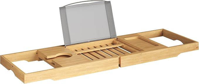 Bamboo Bathtub Tray - Wood Bath Caddy with Book, Phone, or Tablet Rest, Cup Holder, and Extended Sides for Bath Accessories by Home-Complete (Natural)