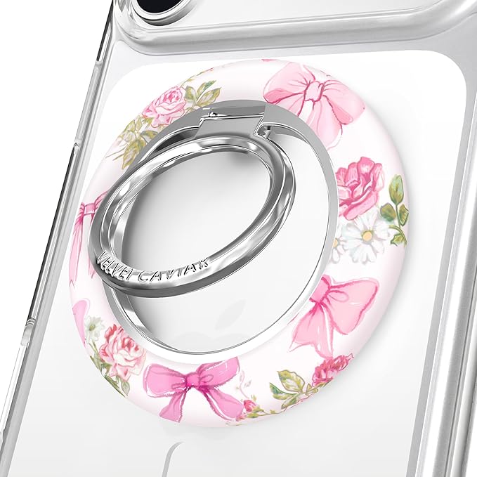 VELVET CAVIAR Compatible with MagSafe Phone Grip 2.0 | Cute Magnetic Ring Holder | Finger Loop Kickstand | Pop On Accessory for iPhone 17, 16, 15, 14, 13, 12 | Posie Pink Bow