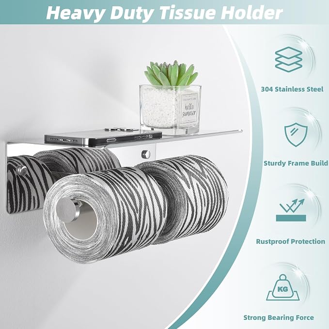 Double Toilet Paper Holder with Shelf Polished Chrome, APLusee SUS304 Stainless Steel Contemporary Bathroom Tissue Roll Holder Cell Phone Storage Rack