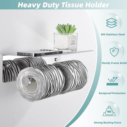 Double Toilet Paper Holder with Shelf Polished Chrome, APLusee SUS304 Stainless Steel Contemporary Bathroom Tissue Roll Holder Cell Phone Storage Rack