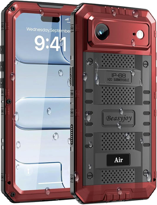 Beasyjoy for iPhone Air Case Waterproof, Heavy Duty Metal Full Body Protection, Built-in Screen Protector, Military Grade Shockproof Rugged Hard Phone Cover for iPhone 17 Air 6.5", Red