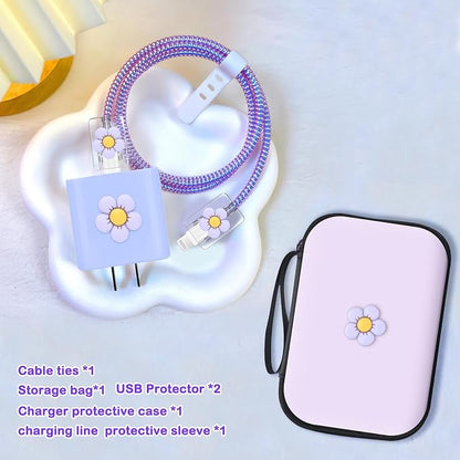 CameCosy DIY Phone Charger Case Storage Set with Earphone Wire Saver and Lovely Cable Storage Bag, Cute Charger Protector Cord Organizer for iPhone (Purple Flower)