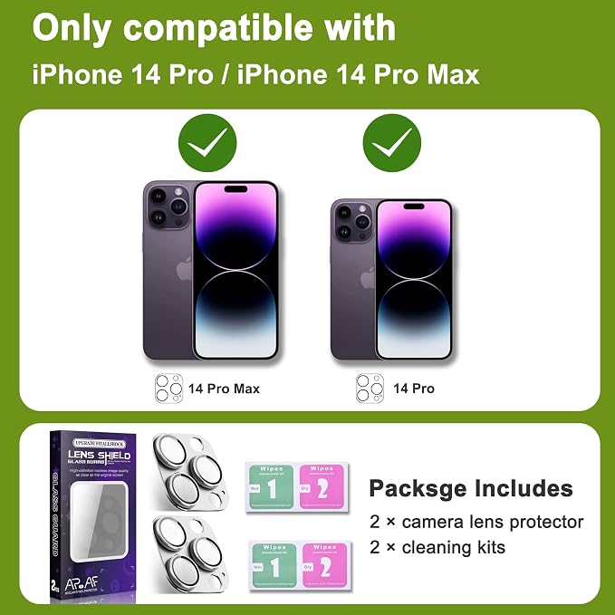 2-Pack Shatterproof Camera Lens Protector for iPhone 14 Pro/14 Pro Max |AR Tempered Glass Strong Adsorption Metal Camera Cover Screen(Silvery)