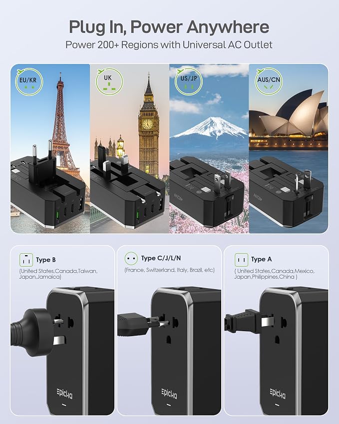 EPICKA Air 40W Universal Travel Adapter, PD Fast Charging International Power Adapter with 1 AC & 4 USB Ports, Worldwide Compact Travel Essentials for US/EU(Black, 1-Pack, Not a Voltage Converter)