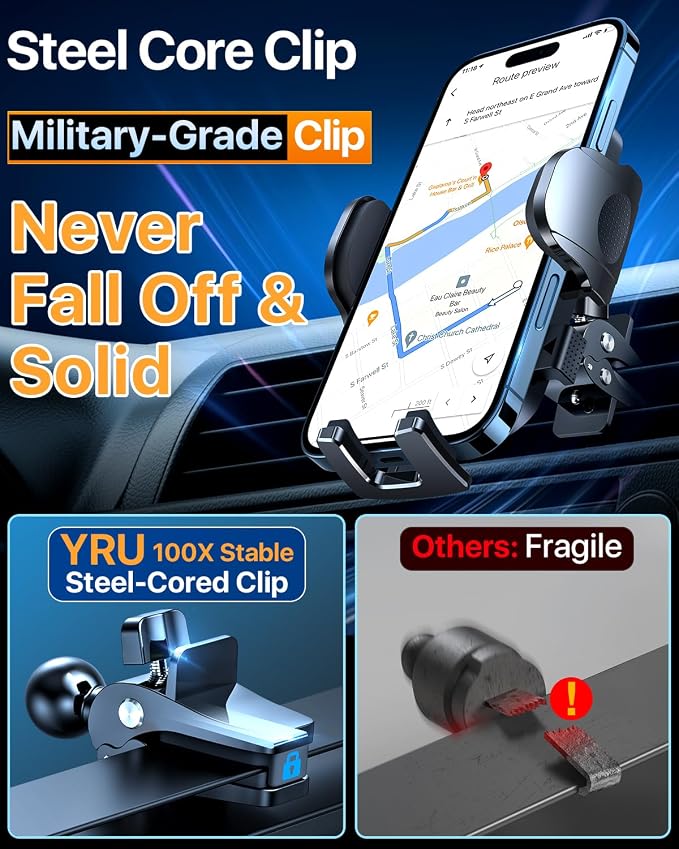 YRU [True Upgrade for Safety] Car Phone Holder Mount [Patent & Military-Grade] Dashboard Cell Phone Holder for Car Vent Windshield Phone Stand for iPhone 17 16 15 14 13 Pro Max Truck Samsung, Black