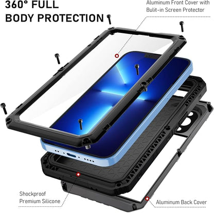 Beasyjoy for iPhone 13 Pro Max Case, Metal Waterproof Phone Case with Built-in Screen Protector, Full Body Protective Military Grade Shockproof Heavy Duty Rugged Defender Cover 6.7 Inch, Black
