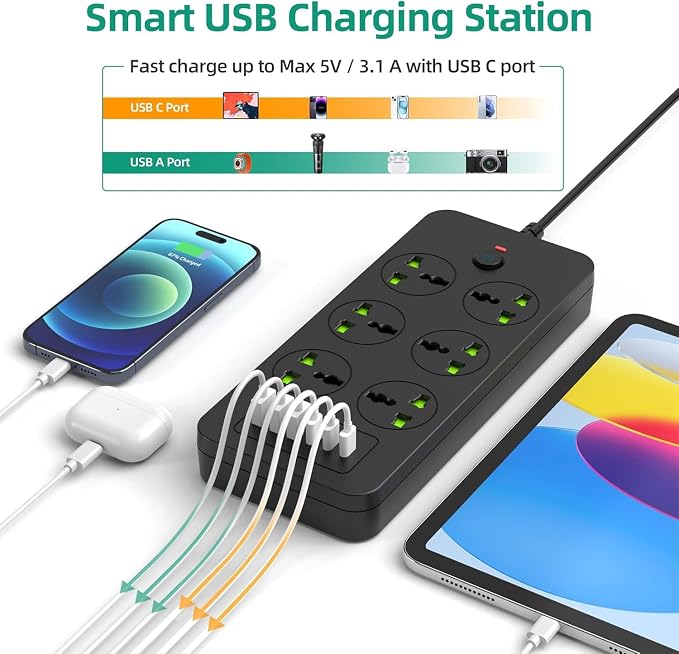 Power Strip with 6 Universal Outlets 3 USB 3 USB C Ports, 3.1A, Overload Protection, 3000w, 110-240v, International Power Adapter for Home Office Travel Essentials, US Flat Plug, Black
