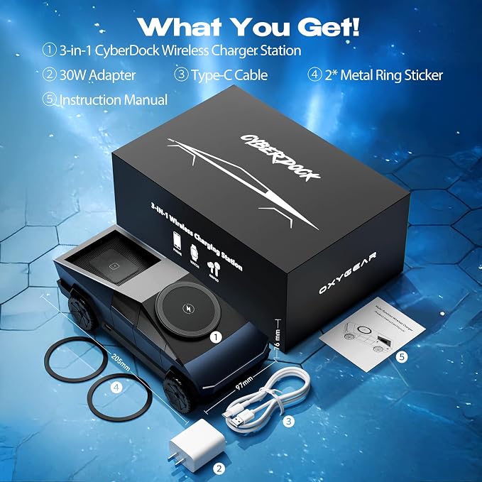 CyberDock 3-In-1 Wireless Charging Station, Cybertruck 1:25 Scale Charger with Qi2 Certified 15W Charging for iPhone iWatch AirPod, Magnetic Rotating Charger with Ambient Light, 30W Adapter, Deep Blue