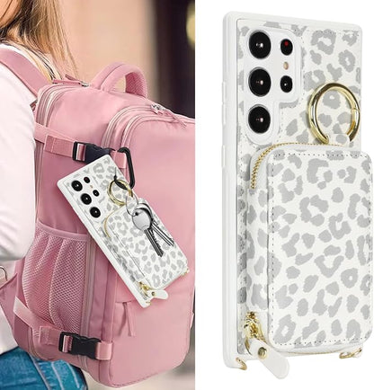 Crossbody Wallet Case for Galaxy S23 Ultra, PU Leather Zipper Handbag Purse Flip Cover, Kickstand Folio Case with Card Slots Holder Wrist Strap Lanyard -White Leopard