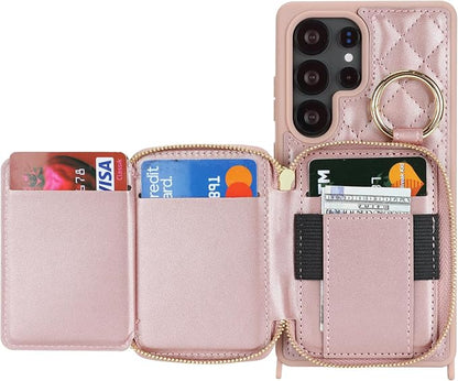 Crossbody Wallet Case for Galaxy S25 Ultra, PU Leather Zipper Handbag Purse Flip Cover, Kickstand Folio Case with Card Slots Holder Wrist Strap Lanyard -Rose Gold