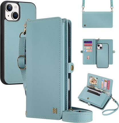 for Wallet Case Compatible with iPhone 13,Multi-Function Detachable 2 in 1 Magnetic iPhone 13 Case Wallet,Flip Strap Zipper Card Holder Phone Case with Shoulder Straps (Blue)