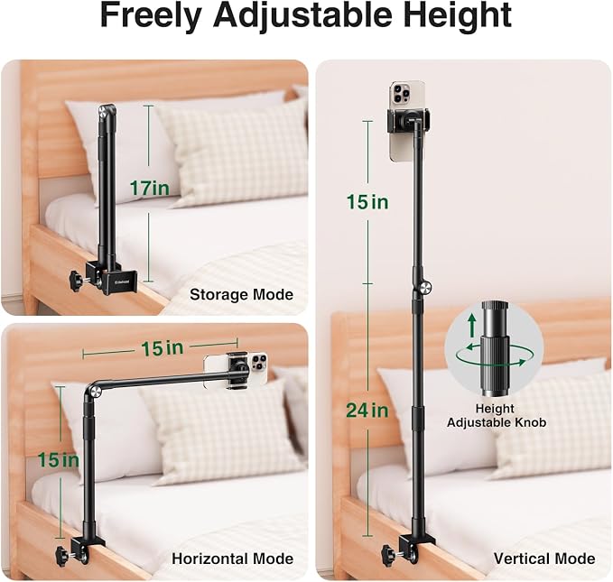 elitehood Aluminum Arm Phone Holder for Bed [360° Swivel Tilt Rotation], Adjustable Bedside Phone Holder Laying Down, iPhone Stand for Bed Desk Overhead, iPhone Clamp Mount Fit All 4-7’’ Cellphone