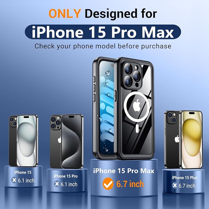 Temdan for iPhone 15 Pro MaxCaseWaterproof,Built-in Screen Protector [IP68 Underwater][15FT Military Dropproof][Dustproof][For MagSafe] 360 Full-BodyPhone Case-Black (CXFM-B 15ProMaxBlack-02)