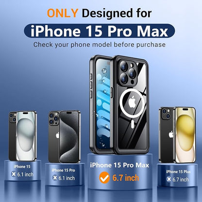 Temdan for iPhone 15 Pro MaxCaseWaterproof,Built-in Screen Protector [IP68 Underwater][15FT Military Dropproof][Dustproof][For MagSafe] 360 Full-BodyPhone Case-Black (CXFM-B 15ProMaxBlack-02)