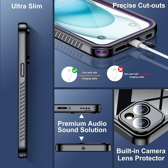 SPIDERCASE for iPhone 15 Case Waterproof, Built-in Lens & Screen Protector, Full Heavy Duty Protection, 12FT Military Shockproof, Dustproof Phone Case,Purple