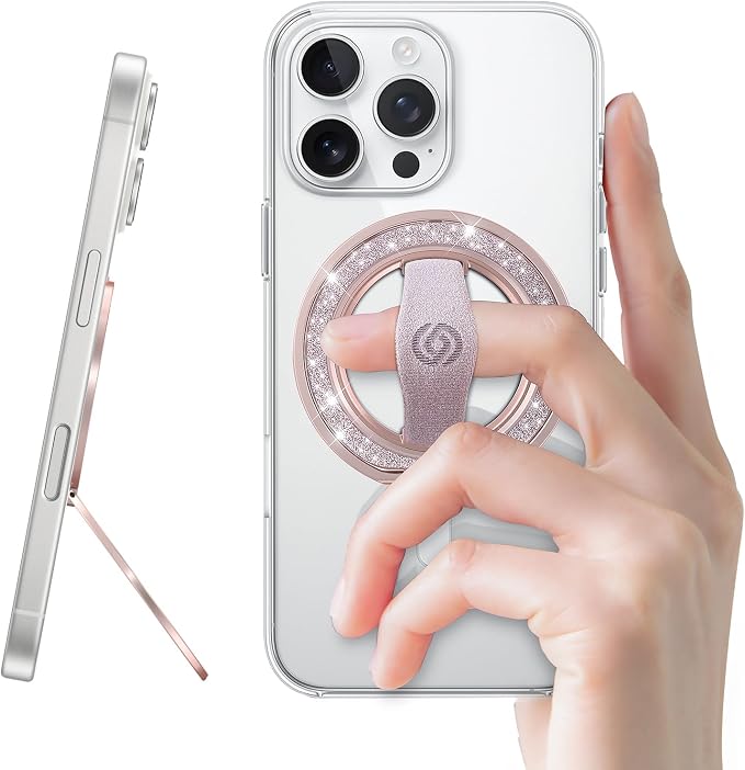 [Stylish Twinkle] EWA MagOne for Magsafe Phone Grip Kickstand [Replaceable Elastic Finger Loop], Mag Safe Ring Holder Stand, Magnetic Phone Accessories for iPhone 17,16,15,14,13,12-(Rose Gold)
