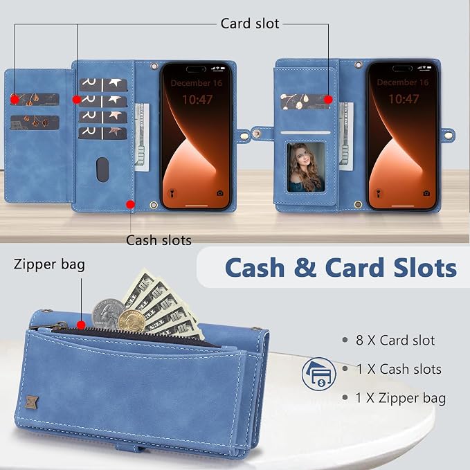 Wallet Case for iPhone 15 Pro with Card Holder/Crossbody Wallet/Strap| RFID Blocking | Magnetic | Kickstand | Detachable | PU Leather Phone Case for iPhone 15 Pro,6.1 in,Sky Blue