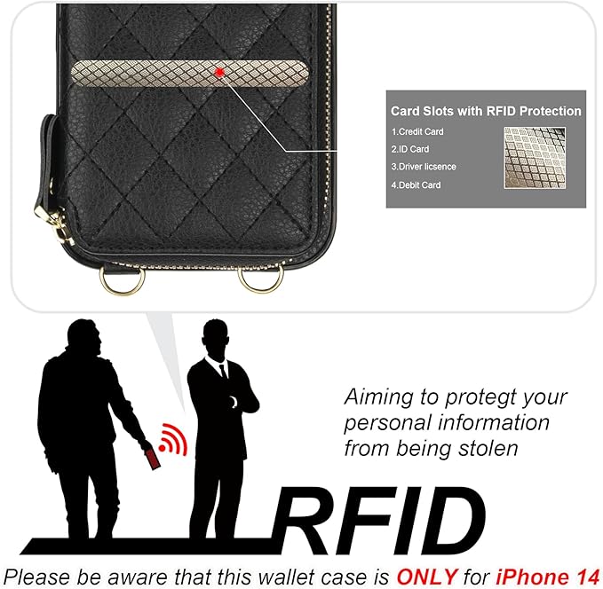 Bocasal Crossbody Wallet Case for iPhone 14, RFID Blocking PU Leather Zipper Handbag Purse Flip Cover, Kickstand Folio Case with Card Slots Holder Wrist Strap Lanyard 5G 6.1 Inch (Black)