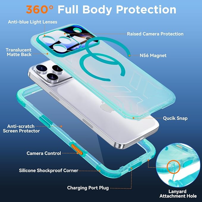 WIFORT for iPhone 17 Pro Max Waterproof Case, [Fit for Magsafe] with Sapphire Lens & Screen Protector, IP68 Full Body 15FT Military Shockproof, Magnetic Frosted Phone Cover with Lanyard, 6.9" Teal
