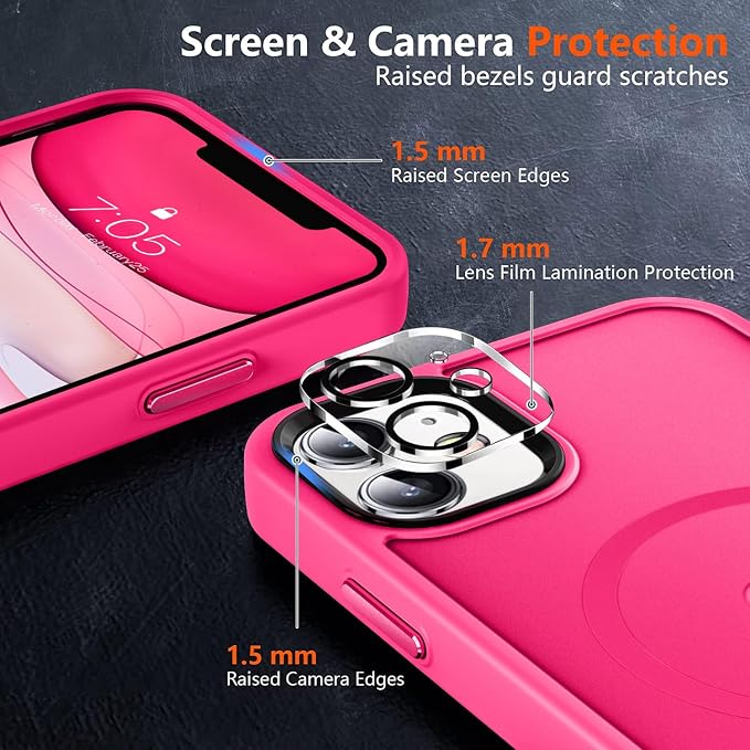 MOCCA Strong Magnetic for iPhone 11 Phone Case,[Compatible with Magsafe][Glass Screen Protector+Camera Lens Protector] Slim Thin Shockproof Cover Case for iPhone 11 6.1 inch, Hot Pink