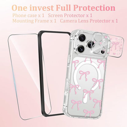 Magnetic Bow Case for iPhone 17 Pro,with Screen Protector & Camera Lens Protector, Slim Clear Phone Cover Anti-Yellowing Shockproof Protective Cover for Women Girl - Pink