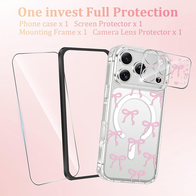 Magnetic Bow Case for iPhone 17 Pro Max,with Screen Protector & Camera Lens Protector, Slim Clear Phone Cover Anti-Yellowing Shockproof Protective Cover for Women Girl - Pink