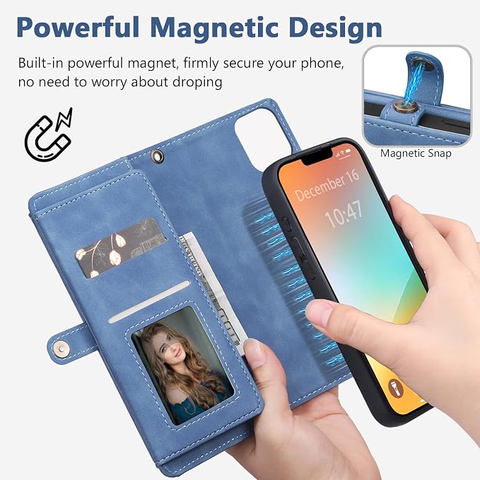 Wallet Case for iPhone 13 Pro with Card Holder/Crossbody Wallet/Strap| RFID Blocking | Magnetic | Kickstand | Detachable | PU Leather Phone Case for iPhone 13 Pro,6.1 in,Sky Blue
