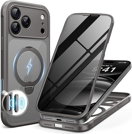 BERFY for iPhone 17 Pro Max Case, Compatible with MagSafe, Built in Privacy Screen Protector, Shockproof Full Body Phone Case for 17 Pro Max with Magnetic Stand, Clear Grey