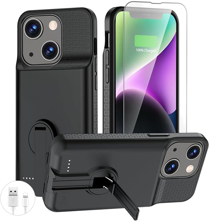 BOPPS Charging Case for iPhone 13/13 Pro/14/14 Pro 【with Stand】，Real Slim 7000mAh Portable Rechargeable Strong Protective Extended Charger Cover for iPhone 14/14 pro/13/13 pro Battery case
