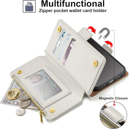 Antsturdy Compatible with iPhone 12 Wallet Case,RFID Blocking PU Leather Phone Case Women Men Kickstand Flip Cover Wrist Strap Zipper Credit Card Holder Slots,for Apple 12 Pro 6.1",Beige